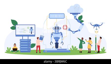Vector illustration of tiny people assembling ai robot using advanced technology, representing innovation, engineering, and robotics development. Stock Vector
