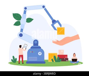 Vector illustration of tiny people utilizing robotics for warehouse automation, focusing on efficiency, logistics, and technological advancement in industrial operations. Stock Vector