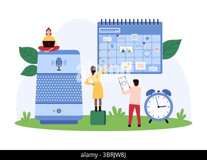 Vector illustration of tiny people organizing and planning using a voice assistant, highlighting smart technology, productivity, and digital scheduling in a tech-savvy setting. Stock Vector