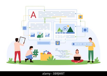 Vector illustration of tiny people generating digital content, including text, images, and multimedia, representing content creation, management, and digital marketing. Stock Vector