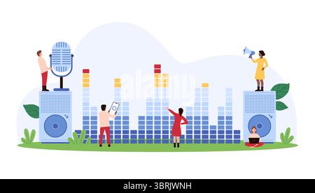 Vector illustration of tiny people interacting with sound equipment and audio devices, representing sound engineering, audio technology, and music production in an audio-focused setting. Stock Vector