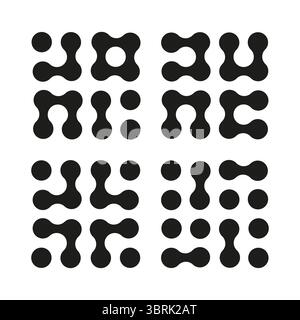 Metaball icons. Connected dots symbols set isolated on white backdrop. Abstract circles seamless pattern. Design minimalist element. Graphic template Stock Vector