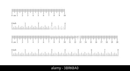 Set of ruler scales 4,8 inch and 10, 20 centimeters, markup, numbers. Measuring sticks. Distance, height, length measurement, sewing tool mockups Stock Vector