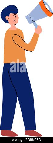 Man in casual clothes holding a megaphone. Flat vector illustration representing communication, announcement, leadership, protest, marketing, or publi Stock Vector
