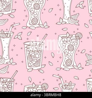 Outline Seamless Pattern with Guava Drink Cocktail with tropical Fruit slices and Mint leaves on Pink Background. Line hand drawing. Vector illustrati Stock Vector
