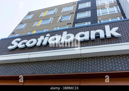 CALGARY, CANADA - JUNE 10, 2025: Sign of Scotiabank at University District in Calgary. Founded in 1832, it is one of Canada's Big Five and the third-l Stock Photo