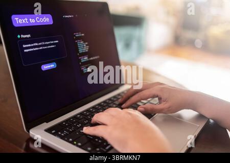 AI programming assistant, hands using text to code interface on laptop for generative software development in modern workspace Stock Photo