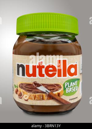 Alba, Italy - July 13, 2025: Ferrero Nutella Plant Based chocolate cream with hazelnuts nutella made with plant ingredients in glass jar with clipping Stock Photo