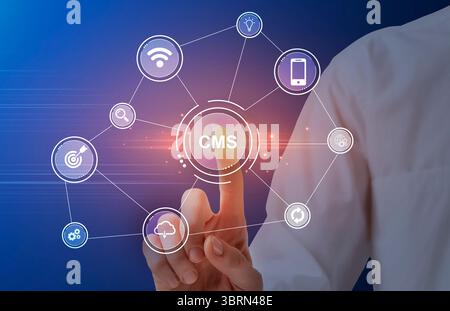 Content management system concept. IT administrator pressing CMS button on vrtual screen with computer icons. Collage Stock Photo