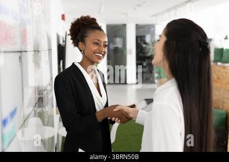 Two smiling businesswomen shaking hands in modern office Stock Photo