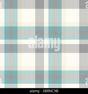 Seamless plaid pattern, ideal for backgrounds, textiles, and design projects.  Features soft teal, cream, and gray colors with a subtle herringbone te Stock Vector