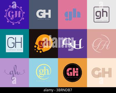 GH logo company template. Letter g and h logotype. Set different classic serif lettering and modern bold text with design elements. Initial font typog Stock Vector