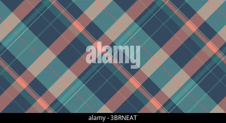 Stylish diagonal plaid pattern in muted teal, coral, and beige tones. Perfect for textile design, website backgrounds, or fashionrelated projects. Stock Vector