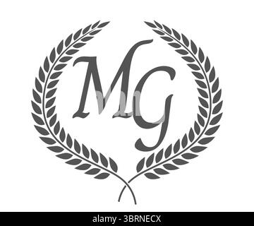Initial letter M and G, MG monogram logo design with laurel wreath. Luxury emblem with calligraphy font. Stock Vector