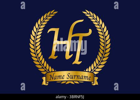 Initial letter H and T, HT monogram logo design with laurel wreath. Luxury golden emblem with calligraphy font. Stock Vector