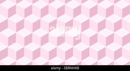 Pink cube shapes pattern. Repeated squares in 3d isometric projection. Tile floor mosaic texture. Minimalistic geometric print. Wallpaper with optical illusion effect. Vector flat illustration. Stock Vector