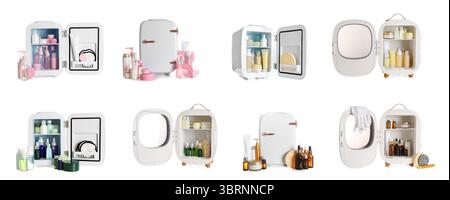 Set of small cosmetic refrigerators on white background Stock Photo