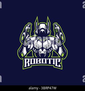 Robotic mascot logo design vector with modern illustration concept style for badge, emblem and t shirt printing. Robotic illustration with guns. Stock Vector