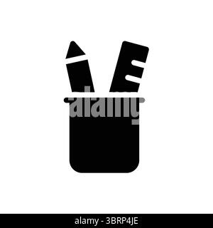 This black silhouette features scissors and a pencil neatly arranged in a minimalist holder. Ideal for education and creative projects, this artwork c Stock Vector