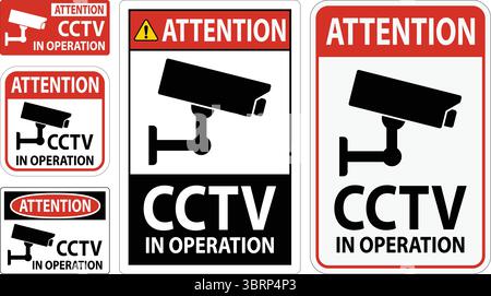 A collection of CCTV warning signs designed for security and surveillance purposes. These signs emphasize the presence of cameras to deter unauthorize Stock Vector