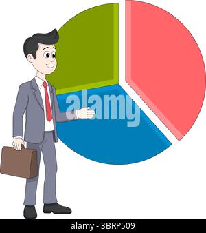 Vector illustration of a cartoon businessman in a suit holding a briefcase and pointing at a colorful 3D pie chart. Stock Vector