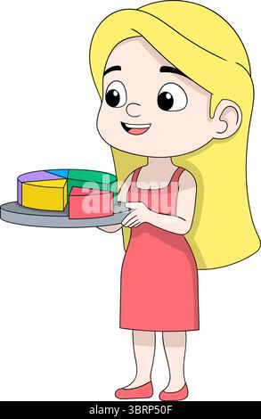 Vector illustration of a cartoon-style blonde businesswoman in a pink dress holding a 3D pie chart on a tray Stock Vector