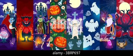 Cartoon Halloween holiday characters collage featuring vibrant vector panels with vampire, wizard, witch, mummy and ghosts, devil, creepy tree and owl at the horror night scenes with spooky creatures Stock Vector