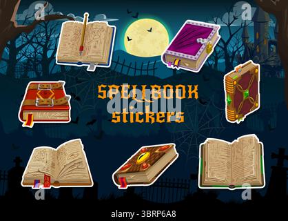 Magic spellbook, medieval game book stickers pack. Fantasy set of closed and open enchanting mystical grimoires at spooky, haunted forest landscape with eerie trees and castle under glowing full moon Stock Vector