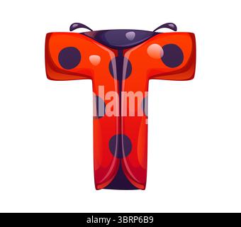 Ladybug cartoon font letter T. Spring ladybird cartoon type symbol, red insect vector kids ABC font letter. Garden ladybug beetle English alphabet typeface sign or typeset element Stock Vector