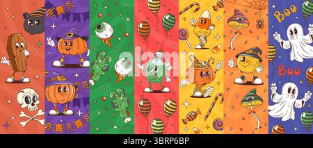 Cartoon groovy Halloween characters collage featuring festive scenes with pumpkins, ghosts and playful creatures like a spooky eyeball, coffin, zombie hand, corn candy, potion bottle in vivid panels Stock Vector
