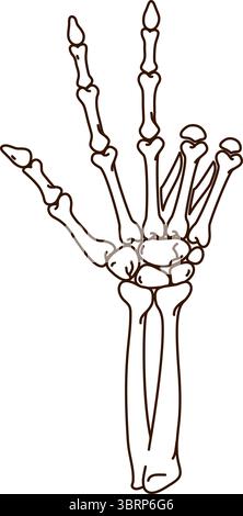 Cartoon groovy Halloween skeleton hand with gesture, vector horror holiday symbol. Groovy skeleton bones hand showing three fingers up sign, human body dead hand or zombie undead arm for Halloween Stock Vector
