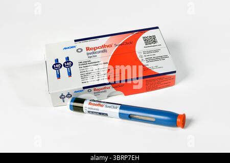 Packaging for the prescription drug Repatha (Evolocumab), an injectable ...