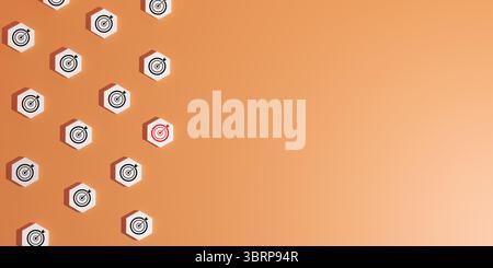 3D render of blocks with black and white target icons, featuring one distinct red target, set on orange background, symbolizing focused goals, strateg Stock Photo