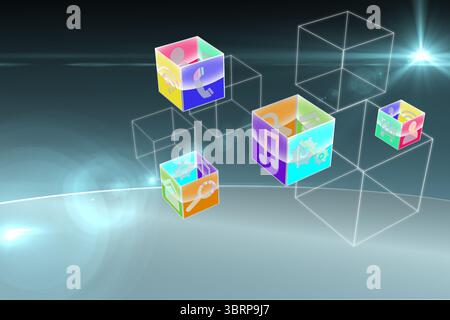 Six floating clear 3D cubes with app icons are hovering over curved horizon with wireframe cubes Stock Photo