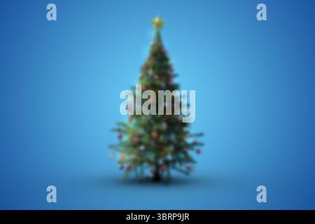 Featuring flat design Christmas tree on blue backdrop, showing red baubles, golden tinsel and star Stock Photo