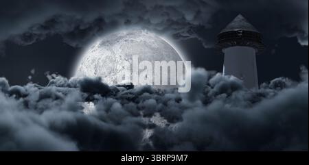 Half Moon shining between clouds and structure Stock Photo