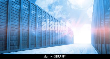 Data center corridor is being shown in flat design, featuring vented server racks with LED lights Stock Photo
