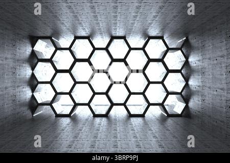Honeycomb hexagonal grid window casting light and geometric shadows in concrete chamber, 3D render Stock Photo