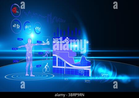 Translucent hologram is floating on circular platform in digital interface with fitness data panels Stock Photo