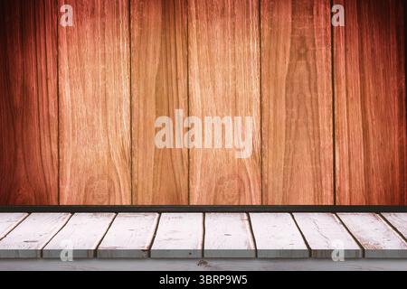 Minimal flat design showing reddish-brown vertical wood panels and whitewashed floor planks Stock Photo