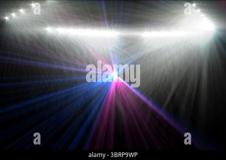 White spotlights are casting radial flares as blue magenta burst is radiating beams in vector art Stock Photo