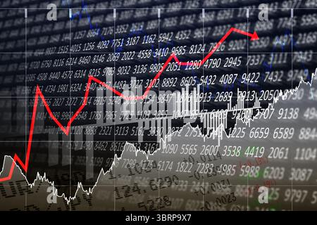 Flat design chart showing red ascending arrow rising amid blue white line charts with numeric grid Stock Photo