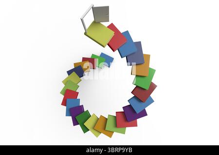 Colorful book blocks are forming circular spiral on white flat-design surface, open block upright Stock Photo