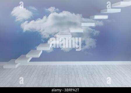 Minimalist flat design room featuring white floating steps ascending over wood floor with sky mural Stock Photo