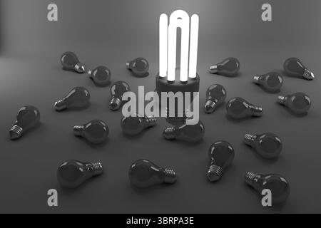 High angle view of lit energy efficient lightbulb over bulbs Stock Photo