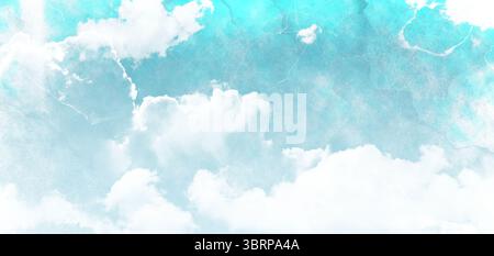 Bright cumulus clouds are drifting across light blue sky with watercolor texture overlay Stock Photo