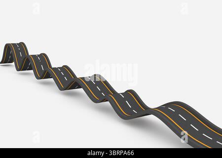 Wavy 3D road is undulating across grey background with yellow edges and dashed white center lines Stock Photo