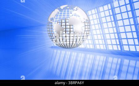 Shiny planet floating in blue room Stock Photo