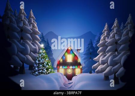 Flat design winter night is showing snowy cabin and Christmas tree in forest clearing, with lights Stock Photo