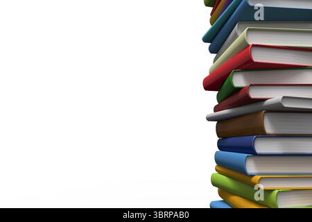 Hardcover book stack is standing in flat design on white backdrop with colorful covers, copy space Stock Photo